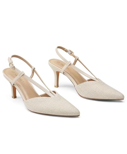 Image of Slingback Kitten Heels for Women Closed Pointed Toe Pumps Dress Shoes with Buckle Strap Comfortable Slip On Sandal Heels for Work Party Wedding