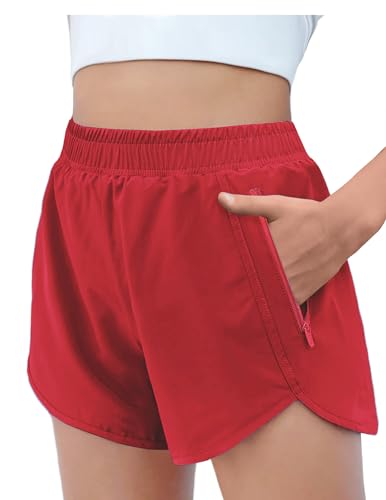 Zaclotre Girls Athletic Shorts with Zipper Pockets High Waisted Running Shorts Soccer Gym Sports Active Short for Kids Red