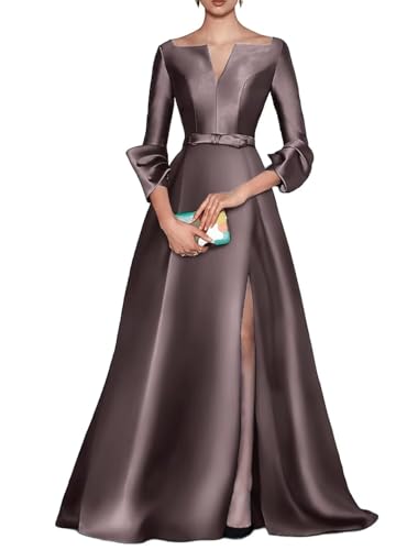 Women Satin V Neck Mother of The Bride Dresses for Wedding Long A Line Elegant Evening Gown with Slit