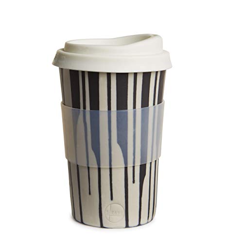 Handmade ceramic to-go/travel cup for home, car or coffee shop use. Silicone lid and cuff, porcelain body. dishwasher proof. 12-14 oz. (White with black stripes)