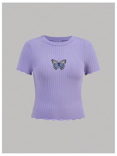 SweatyRocks Girl's 3 Pack T Shirts Butterfly Graphic Short Sleeve Crew Neck Ribbed Knit Summer Tops3