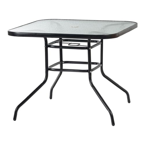 Harbour Housewares Square Glass Top Garden Table - 90x90cm Powder-Coated Metal Frame Tempered Textured Glass Parasol Hole Lightweight Patio & Balcony Table