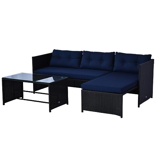 Juego de sofá de ratán de 3 piezas para exteriores con chaise lounge y sofá biplaza, cojines suaves, mesa de vidrio templado