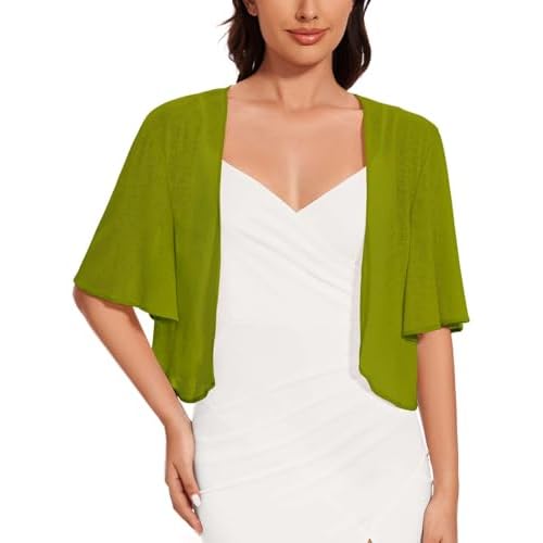 Women Bolero Shrug Cardigan Open Front Cover Up Sheer Short Sleeve Kimonos for Evening Dress(Dark Green,M)