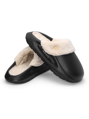 ORORO Women Men Fur Lined Garden Slip-on, Waterproof Slippers Fur Lined Clogs Winter Garden Shoes Indoor Outdoor Mules