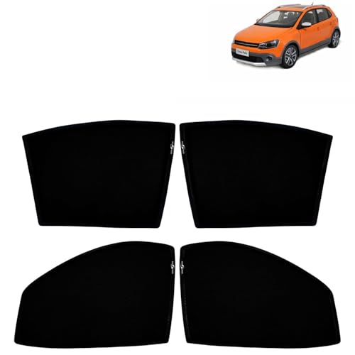 Image of KINGSWAY Car Sun Shade Curtains Only Compatible with Volkswagen Polo Cross (2010 to 2022) | Z-Black Fix-Type (Non-Magnetic) | UV & Heat Protection | Pack of 4 Pcs