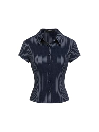 CIDER Women Striped Button Down Shirt Short Sleeve Collared Fitted Work Blouse Office Tops