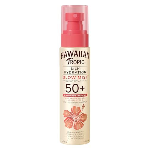 Hawaiian Tropic Silk Hydration Glow Mist™ Sunscreen Spray SPF 50+, Hyaluronic Acid & Grapeseed Oil, Invisible & Lightweight, Delicate Clear Mist, 12 Hour Moisturisation, 4-Hour Water Resistant