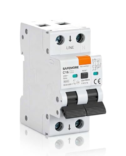 SAFEMORE RCBO FI/LS-Schalter 16A 30mA Typ A 1P+N 6kA Kurve C 230V Fehlerstromschutzschalter mit Überlast- & Kurzschlussschutz Hutschienenmontage