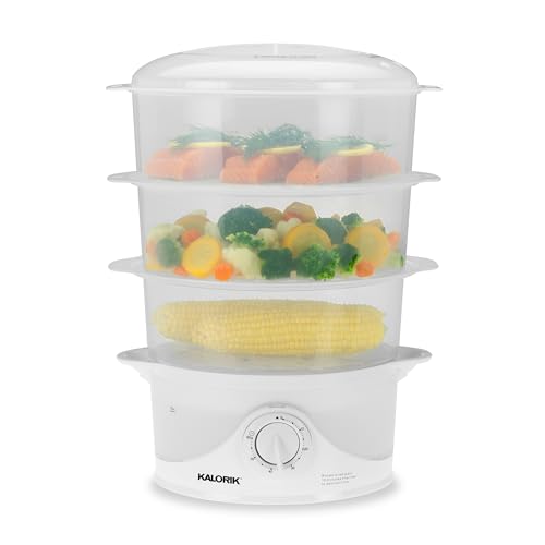 Kalorik Electric Food Steamer with Manual Controls 3-Tier with BPA Free Dishwasher Safe Baskets, 800 Watts and 60-Minute Timer Turbo Steam Feature and Easy Refill, 9-Quarts, White