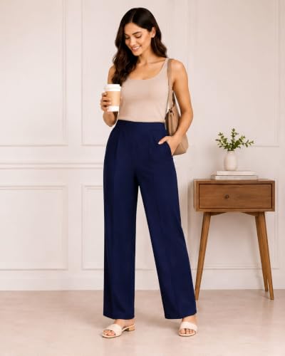 Image of Women's Mid Rise Wide Leg Trousers with Elastic Waist & Pockets
