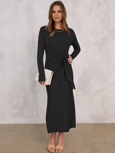 ANRABESS Womens 2025 Fall Long Sleeve Maxi Dress Crewneck Tie Waist Slit Casual Work Long T Shirt Dresses Trendy Outfits2