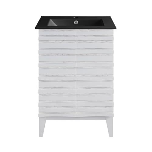 Image of Swiss Madison Cascade 24 in. White Oak Bathroom Vanity with Black Ceramic Sink Top