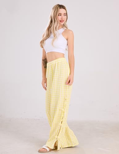 Image of codcm Womens Gingham Striped Wide Leg Pants Y2k Lounge Pants Lace Up Loose Trousers