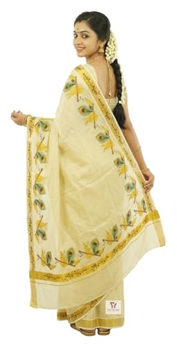 Image of Women's Mural Printed Kerala Gold Tissue Saree with Running Blouse Piece | Traditional South Indian Ethnic Saree for Festivals, Weddings & Special Occasions