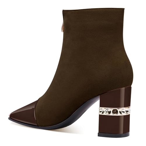 Image of XINIUNIU Women's Ankle Boots Block Chunky Heels Booties Metal Square Toe Suede Front Zipper 3 Inch Short Boot Dress
