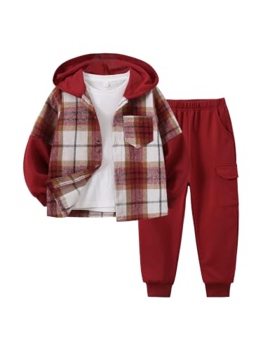 Image of 2Pcs Kids Boys Flannel Plaid Shirt Tops Pants Set Hoodie Sweatsuit for Fall Winter Spring Outfits 4-12 Years