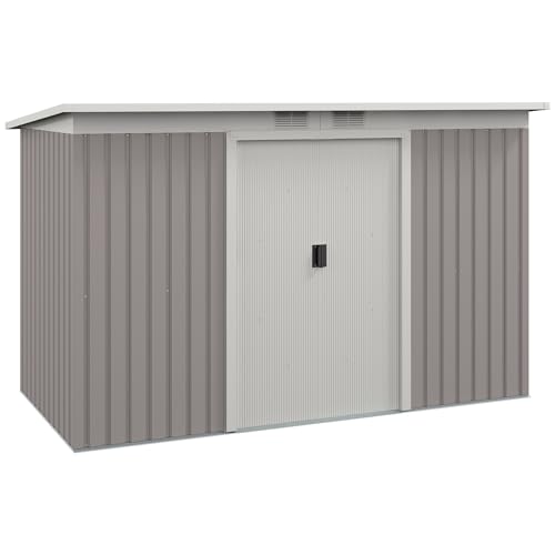 Outsunny Caseta de Jardín Exterior 3,2 m² 280x130x172 cm Cobertizo de Jardín Exterior con Puerta Corredera Techo Inclinado y 2 Ventanas para Terraza Patio Gris Claro