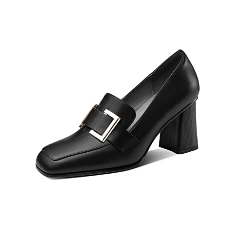 TinaCus Women's Handmade Genuine Leather Block Heel Square Toe Pumps Shoes with Modern Pattern