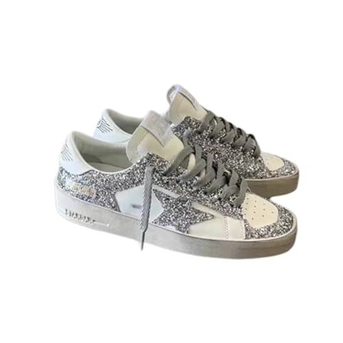 Women's Glitter Silver Star Sneakers Sparkly Platform Shoes White Fashion Sneakers Casual Walking Shoes Bling Sequin Low Top Sneakers