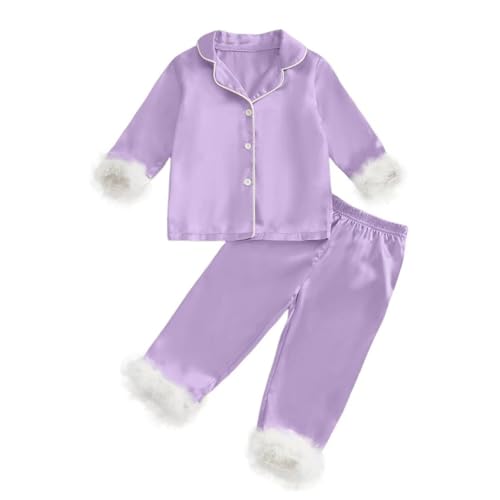 Girls Christmas Silk Satin Sets Clothes 𝐏ajamas Solid Long Sleeve Tops Pants Feather Trim Warm Fall Winter