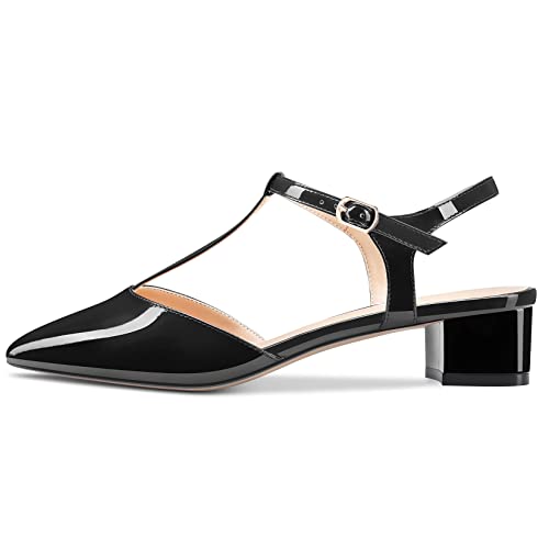 HEUIVZAR Womens T-strap Pointed Toe Pumps Sandals Low Chunky Block Heel Ankle Strap Slingback Patent Dress Shoes 1.5 Inch2