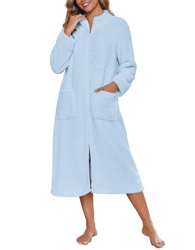 Image of Ekouaer Women Zipper Robe Fleece Long Sleeves Bathrobe Sleepwear Warm Soft Housecoat with Pockets Zip Up House Dresses