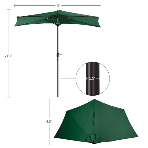 Image of Half Patio Umbrella - 9ft Outdoor Patio Canopy with Easy Hand Crank - Condo, Townhouse, or Balcony Furniture by Villacera (Forest Green)