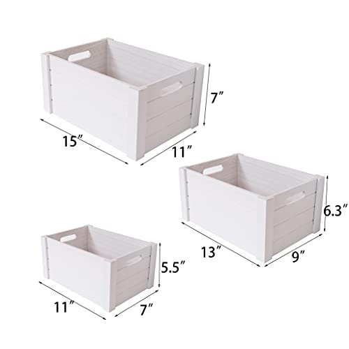 Senryee Farmhouse Modern White Wooden Crates For Storage,Rustic Decorative Boxes,Set Of 3 Extra Large Nesting Wooden Storage Crates For Home Decor,Handmade Natural Solid Wood Box, Wooden Storage Boxes For Milk,Toys,Towel,Wine,Etc. 15 X 11 X 7Inches (Morden White) #TOP1