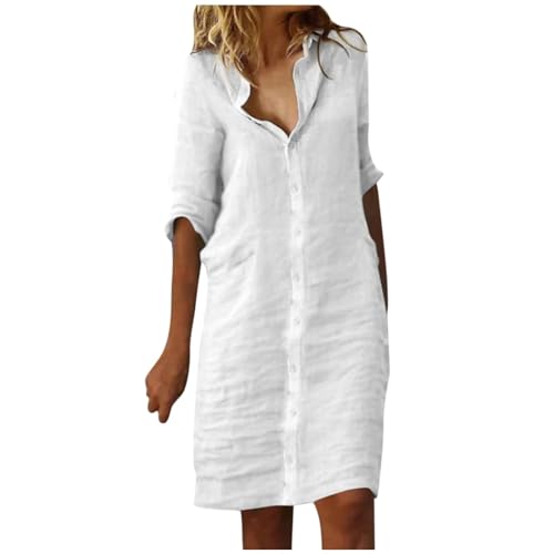 Blusenkleid Damen Sommer Baumwolle Leinen Sommerkleid Knielang Hemdkleid mit Ärmel Strandkleid Tunika Kleid Knöpfe Leinenkleid Einfarbig...