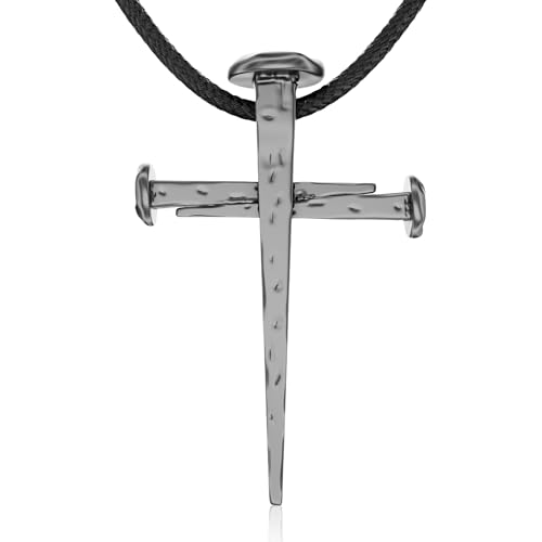 Nail Cross Necklace Sterling Silver 925 – Christian Three Nails Crucifixion Pendant for Men | Handmade in Jerusalem with Oxidized Antique Finish & Leather Cord