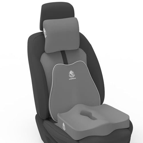 Image of MRRON Memory Foam Posture Corrector Car Seat Cushions Combo | Orthopedic Backrest, Coccyx Cushion & Neckrest | Ergonomic Lumbar Comfort Seat Cushion | Reduces Sciatica, (Grey, Slim backrest)
