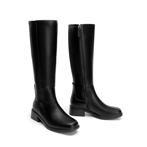 DREAM PAIRS Women's Knee High Boots Square Toe Low Block Heel Casual Comfort Riding Long Boots with Side Zipper,Size 9,Black,DWUMKB2530