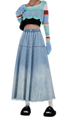 CHARTOU Women Pleated Maxi Denim Skirt Long Jean Skirt Gradient Frayed Distressed Denim Ruffle A Line Skirt2