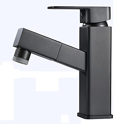 プルダウンバスルームガングレーバスルーム洗面器蛇口デュアル機能プルアウトスプレー、真鍮洗面化粧台蛇口シングルハンドル温水および冷水ミキサータップ