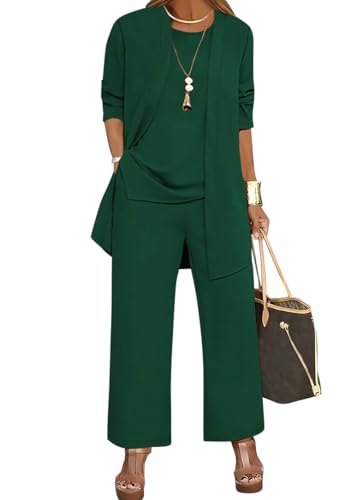 shownicer Hosenanzug Damen Festlich Elegant 3-Teiliges Set Große Größen Hosenanzüge Abendanzug Sets A Dunkelgrün 3XL