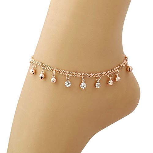 ink2055 Women Bell Rhinestone Charm Double Layer Anklet Foot Bracelet Beach Jewelry,Ankle Bracelets for Women Teen Girls Beach Jewelry Gifts4