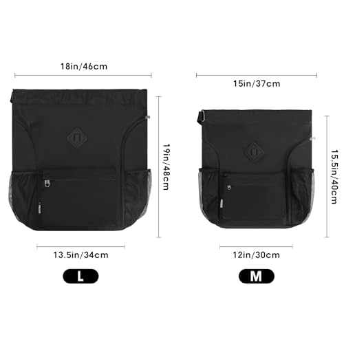 WANDF Rucksack mit Kordelzug, Sporttasche mit Schuhfach, wasserabweisender String-Rucksack Cinch für Damen Herren (Groß,Schwarz)