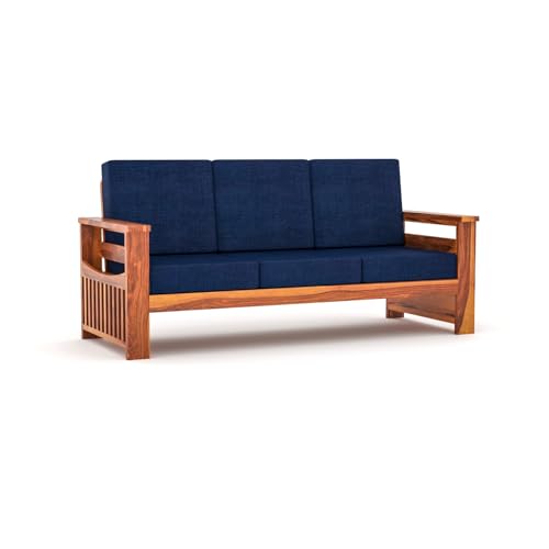 Image of KINGS HOME FURNITURE Sheesham Wooden 3 Seater Sofa for Living Room | Rosewood 3 Seater Cushion Sofa Side Half Moon Rack | Solid Wood Sofa Set for Lounge (3 Seater,Honey Finish)