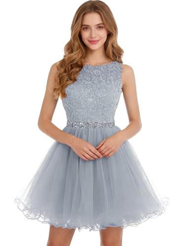 Image of Dydsz Women's Lace Applique Short Prom Dress A Line Tulle Homecoming Dresses Beaded Mini Graduation Party Dress