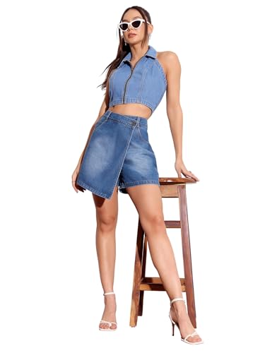 Image of Miss Chase Women's Relaxed Fit Mid Rise Highly Distressed Regular-Length Denim Shorts
