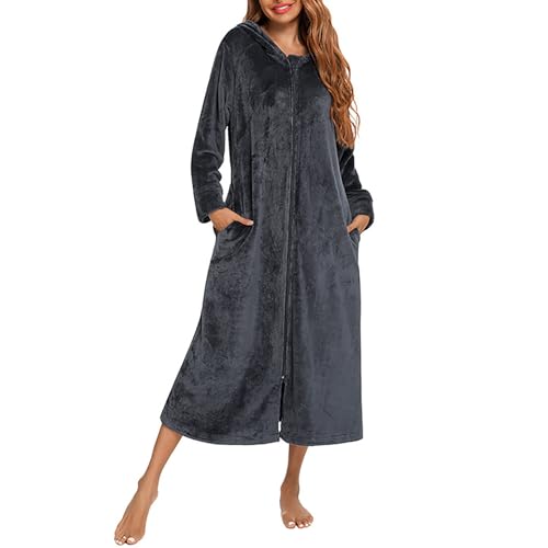 Flodxo Bademantel mit Reißverschluss für Damen, leicht, flauschig, Fleece, superweich, mit Kapuze, Plüsch, lange Länge, warm und gemütlich, Bademantel, Loungewear, Handtuch, Morgenmantel, grau, XXL Flodxo Bademantel mit Reißverschluss für Damen, leicht, flauschig, Fleece, superweich, mit Kapuze, Plüsch, lange Länge, warm und gemütlich, Bademantel, Loungewear, Handtuch, Morgenmantel, grau, XXL