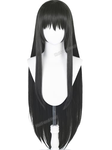 Image of Homura Akemi Cosplay Wig 35.4'' Long Straight Black Gray Anime Wigs | Magic-Girls Black Wigs with Bangs for Costume Halloween Party Daily