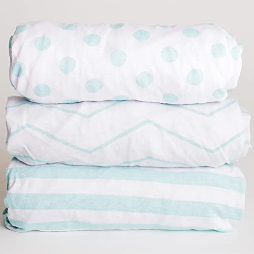 Image of NODNAL CO. 3 Fitted Bassinet Sheets Mint Set Baby Girl/Boy - 100% Oeko-TEX Cotton - Gender Neutral Chevron Polka Dot Stripe Universal Fit - Cradle/Moses Basket Hourglass Oval Rectangle Mattress Sheet