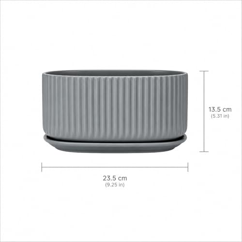 Image of Xtore Refined Ribbed Oval Planter Pot with Drain Tray for Indoor & Outdoor Plants | Minimal Modern Flower Pot (Grey, 23.5 cm) (Planter only)