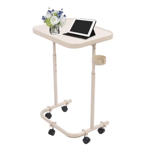 HURRISE Overbed Bedside Desk,Overbed Table Beige 3 Level Height Adjustment Folding Magnetic Tabletop Tiltable Bedside Table for Bedroom Dormitory RV Living Room