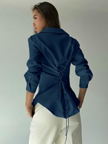 Image of OOMPH! Women Solid Cotton Shirt with Back Tie-Up Detail | Corset Style | Cinched Waist Shirt | Cotton Formal Shirt