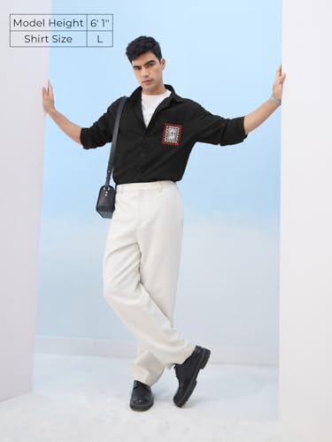 Image of The Souled Store Relaxed Shirt: Souled Original Men and Boys Long Sleeves Collared Neck Button Front Black Embroidered Relaxed Fit Cotton Linen Shirts