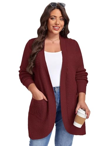 Image of LARACE Long Cardigans for Women Plus Size Tops Open Front Sweaters with Pockets Waffle Ribbed Sleeve Loose Fall Outwear