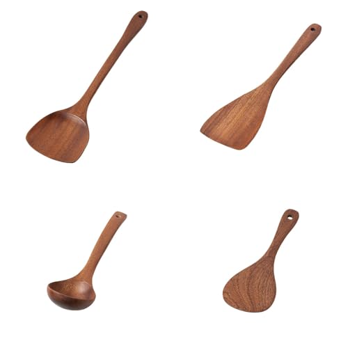 Cooking Utensils Set, 4-Piece Set Solid Wood Ergonomic Handle Hangable Durable Bending Resistance Cooking Spoons,Comfortable to The Touch Rounded Edges Cooking Spatula for Home Kitchen Cooking - image 1